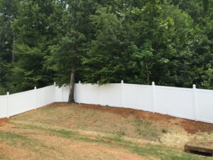 White vinyl fence surrounds a yard with trees and grass.